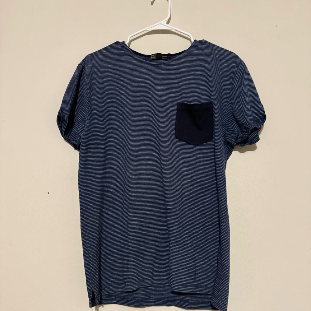 Bershka Blue Striped T-Shirt with Pocket